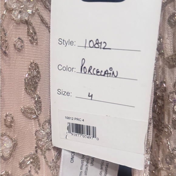 Mac Duggal Beige Beaded Tea Length Dress w/ Sheer Sleeves - Picture 12 of 14